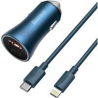 Ładowarka samochodowa Baseus Golden Contactor Pro USB USB-C + kabel lightning Niebieska